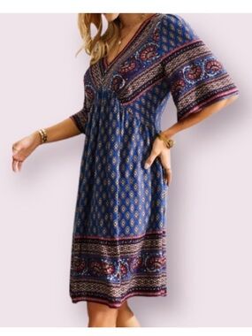 Printed Blue V-Neck Midi Dress with Empire Waist